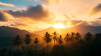 Obraz premium Tropical Sunset Serenity: A breathtaking tropical scene, where the sun dips below the horizon, painting the sky in a fiery display above silhouettes of palm trees and majestic mountain ranges.