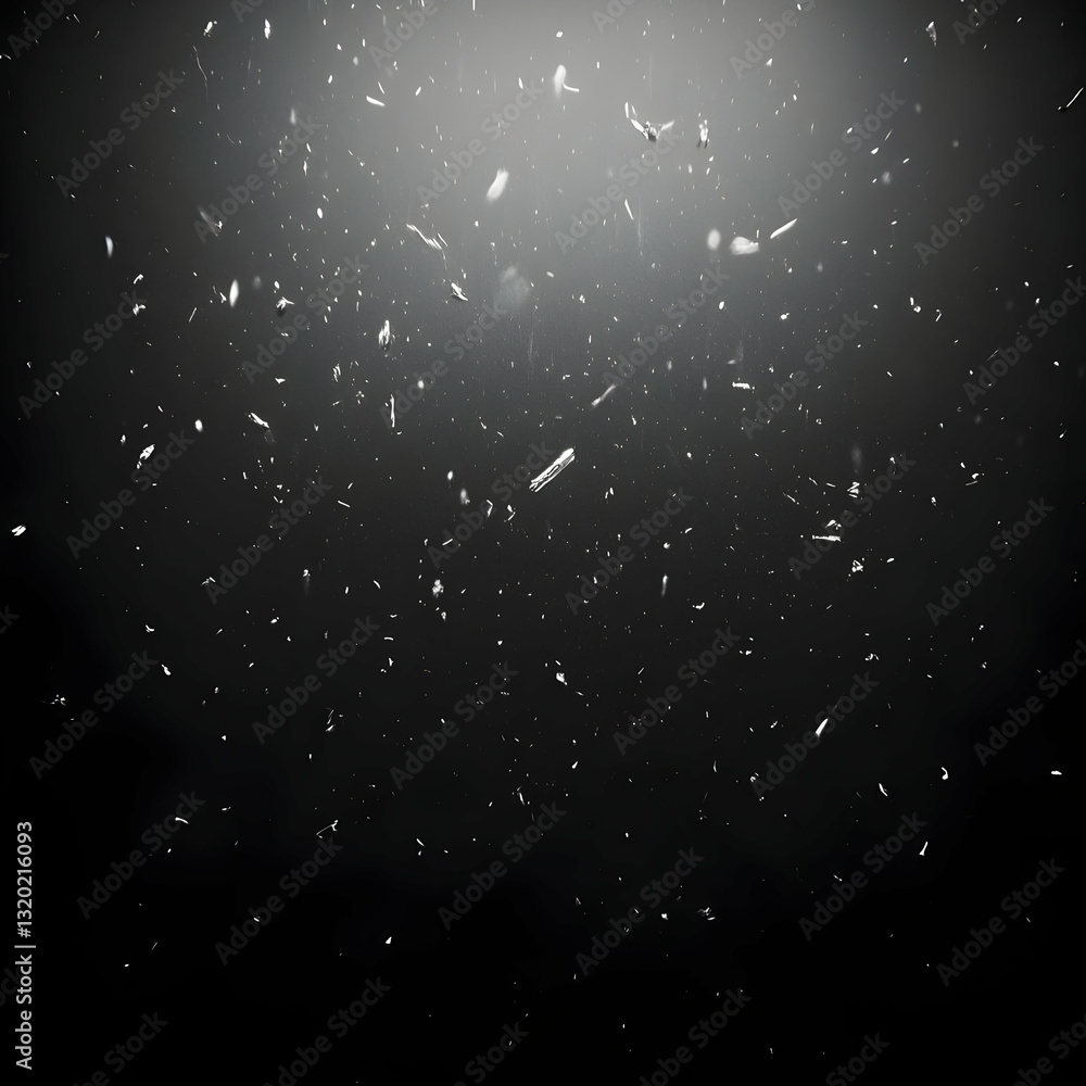 Poster abstract dark background with glowing white particles falling, creating a glimmering cosmic dust eff