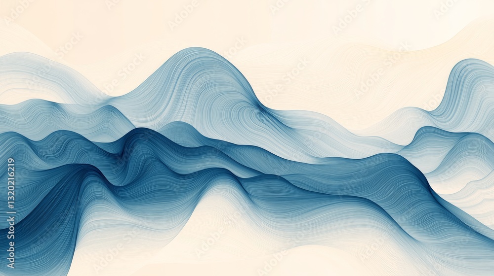 Poster abstract flowing lines of blue creating a wavy landscape pattern