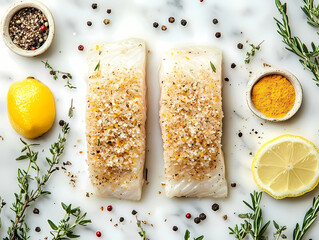 Gourmet Cod with Herbs and Spices: A beautifully arranged overhead shot features two expertly prepared cod fillets.
