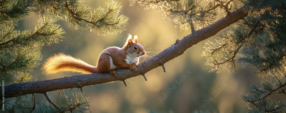 Poster a small red squirrel resting on a tree branch in sunlight