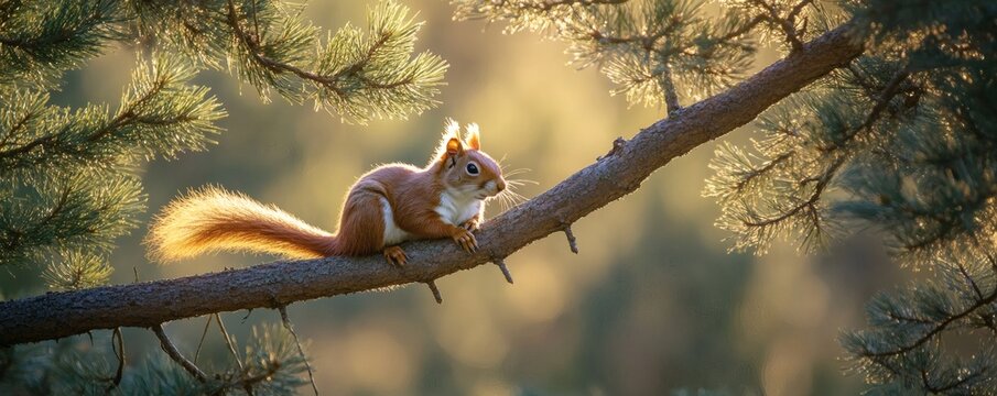 A small red squirrel resting on a tree branch in sunlight - Powered by Adobe