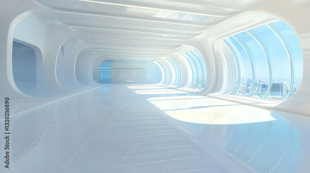 Poster futuristic white corridor 3d render: abstract architectural design with city views through large pan