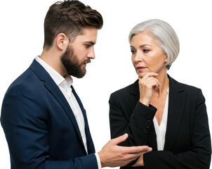 Serious Business Colleagues Discussing Strategy Mature Woman and Young Man in Suits