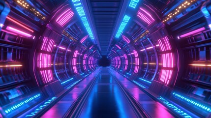 Obraz premium Abstract futuristic tunnel with glowing neon rings generative ai