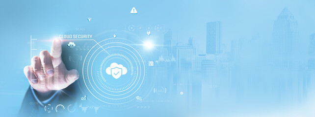 Cloud Security: Businessman touching and encrypting data, monitoring access, managing firewalls,...
