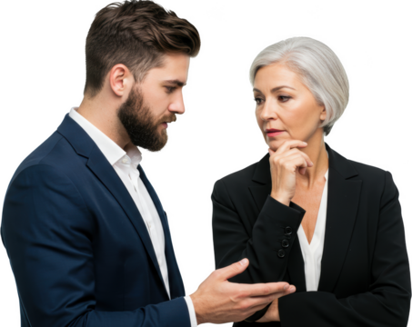 Serious Business Colleagues Discussing Strategy Mature Woman and Young Man in Suits