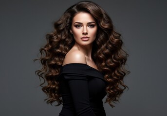 Naklejka premium Elegant Woman Graceful Long Brown Curly Hair Soft Lighting Studio Portrait. AI Generated