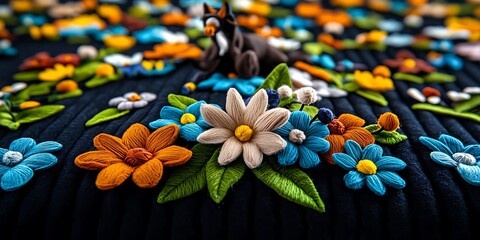 Vibrant embroidered flowers and a horse figurine on a dark fabric background, showcasing artistry