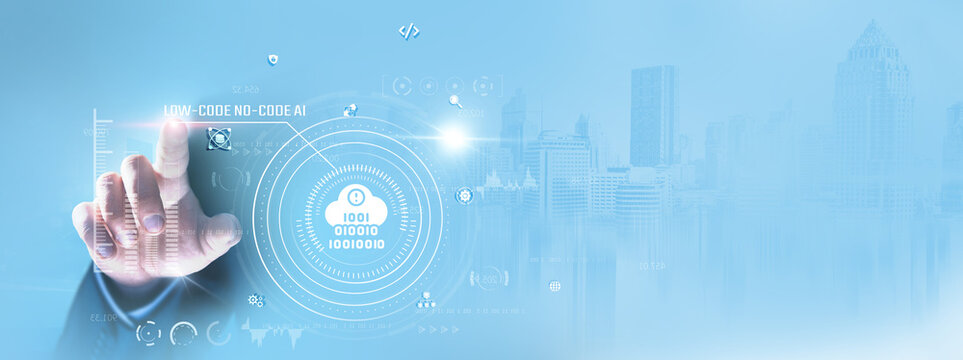 Low-Code No-Code AI: Businessman touching and automating processes, developing applications, streamlining workflows, enabling innovation, simplifying coding, enhancing productivity.