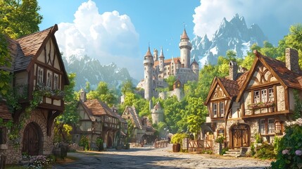 Naklejka premium A medieval village with timber-framed houses, a cobblestone street, and a grand castle against a mountain backdrop. Ideal for fantasy, storytelling, and historical themes