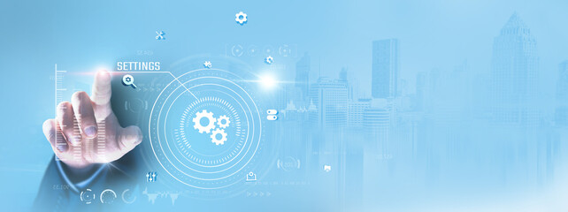 Settings: Businessman touching and adjusting configurations, preferences, options, system controls, display settings, security features, and user profiles.