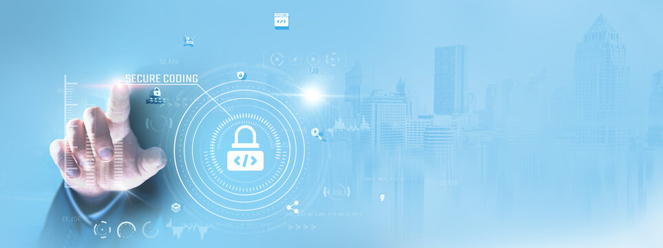 Secure Coding: Businessman touching and reviewing encryption protocols, vulnerability scanning, code quality, security best practices, risk mitigation, access control, and authentication standards.