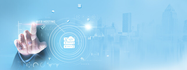 Web Hosting: Businessman touching and managing server settings, optimizing performance, monitoring uptime, configuring domains, enhancing security, analyzing traffic, and scaling infrastructure.