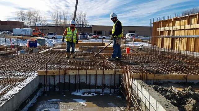 Construction workers installing rebar reinforcement for concrete foundation on a winter day