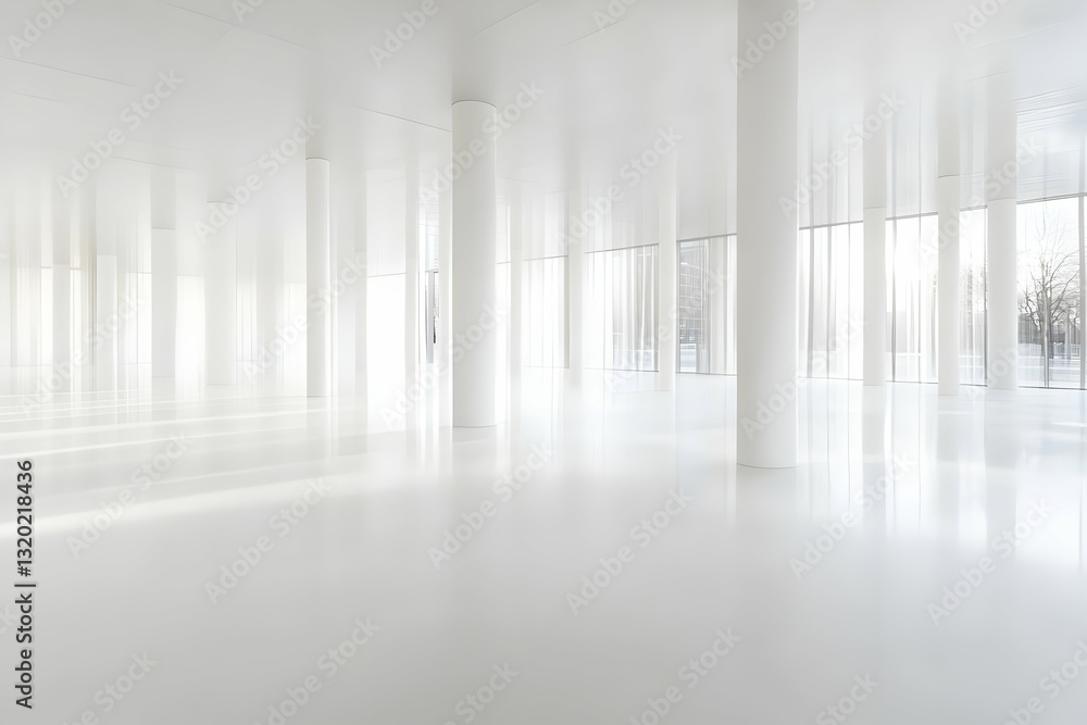 Poster modern minimalist white architecture interior design with cylindrical columns and large windows, bri