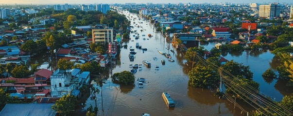 Obraz premium Aerial view of a cityscape flooded with water, showcasing submerged roads, buildings, and vehicles amid a vast urban landscape.