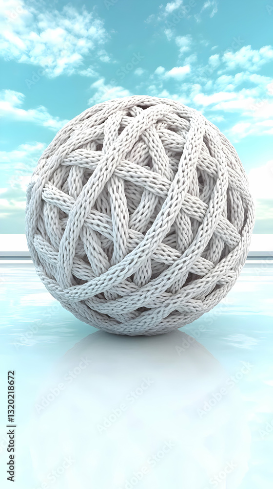 Poster 3d render of a white knitted sphere against a blue sky background with clouds, abstract texture and 