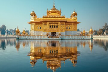 Obraz premium Golden Temple Reflection Surrounded by Water in Amritsar India