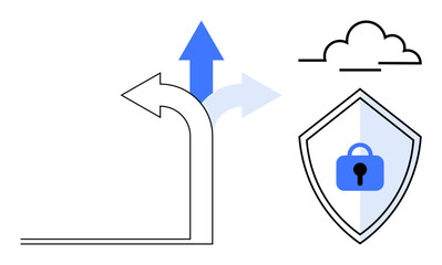 Three arrows indicating different directions, security shield with padlock, and cloud icon emphasize choices, protection, and cloud technology. Ideal for decision making, cybersecurity, analytics