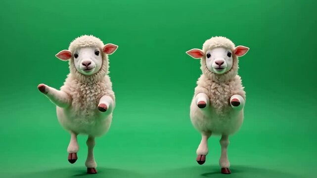 Two sheep dancing playfully on a vibrant green screen background, standing on their hind legs with fluffy white wool, moving in a synchronized and humorous way, perfect for animation or special effect