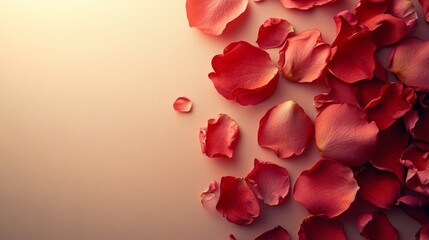 Scattered red rose petals on a smooth surface with beautiful lighting