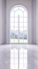 Elegant 3D Rendering of a Room with an Arch Window Showing a Green Lawn and Trees, Polished Marble Floor Reflecting Light.