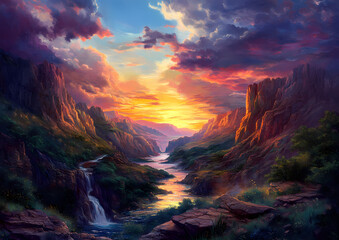 Fototapeta premium Majestic Canyon Sunset: A breathtaking landscape paints a vibrant scene, showcasing a serene river carving through a grand canyon under a dramatic sunset sky with shades of orange, purple, and gold.