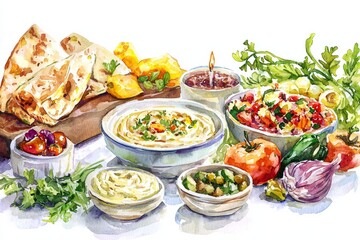 Watercolor painting of a warm and cozy iftar table setup, filled with dates, soup, and fresh bread. A soft lantern casts a gentle glow over the setting