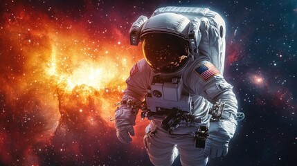 Fototapeta premium Astronaut Floating in Galactic Nebula with Twinkling Stars and Starburst Background in Photorealistic Space Scene