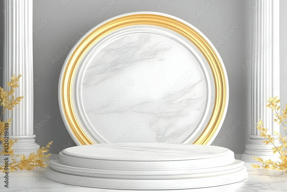 Poster elegant 3d render of white marble product display with golden accents and classical columns
