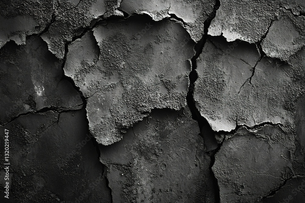 Poster monochromatic abstract texture of a damaged cement structure surface with cracks