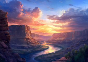 Majestic Canyon Sunset: The sun paints the sky with vibrant hues as it dips below the horizon, casting a warm glow upon a deep canyon and winding river below. The scene is serene.