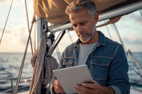 A mature man uses a tablet while sailing on a boat