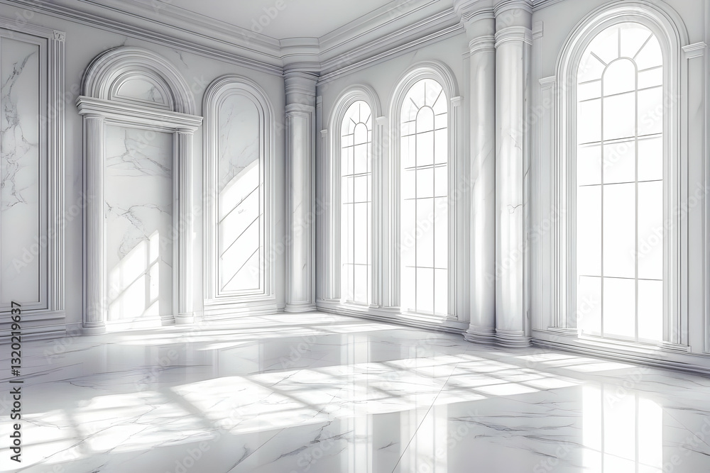 Poster sunlit 3d rendering of elegant white marble room with arch windows and columns