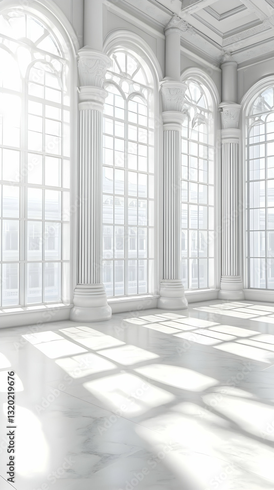 Poster 3d render of sunlit white marble room with classical columns and large windows