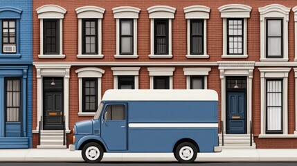 Fototapeta premium Blue delivery truck parked on a street with colorful brick townhouses featuring distinct architectural styles and vibrant facades in an urban setting