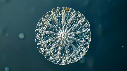 Detailed Microscopic View of a Transparent Diatom in Gray Background Featuring Circular Geometric Patterns Displayed in Aquatic Environment