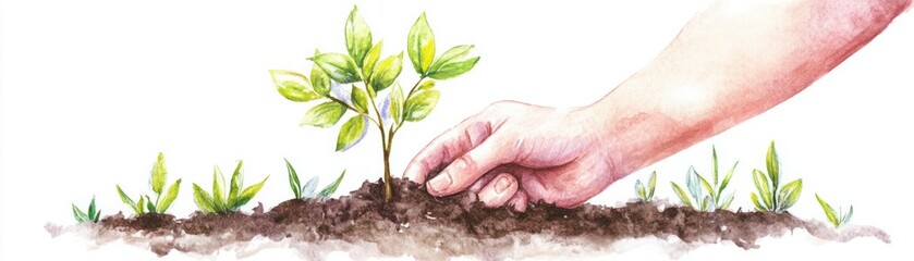 Hand Gently Planting Young Sapling In Soil Surrounded By Green Seedlings Representing Growth And Environmental Awareness