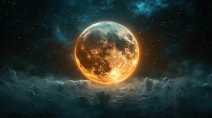 Obraz premium Fiery Orange Moon Above Dark Clouds And Stars