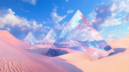52.A picturesque desert with rippling dunes and scattered mirrored pyramids, capturing distorted reflections of the vast sky and creating a dreamlike atmosphere.