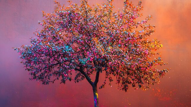Tree with colorful powders dusted on its leaves and flowers symbolizing the arrival of spring and the spirit of Holi