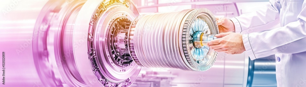 Poster engineer in white coat inspecting turbine engine component with high-tech background, showcasing adv
