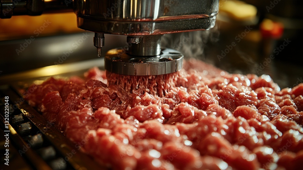 Poster close-up of a machine processing raw meat, creating finely ground texture with steam visible
