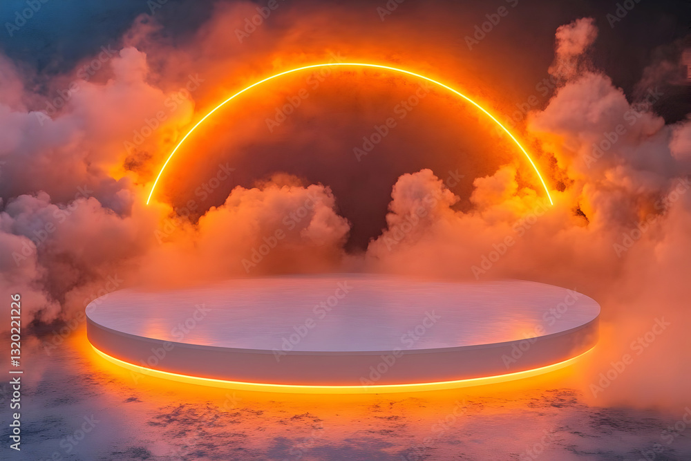 Poster 3d render of illuminated platform in cloudy, orange-hued abstract background with neon arc