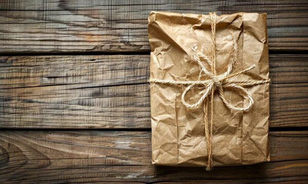 Brown paper package tied with string, on wooden surface