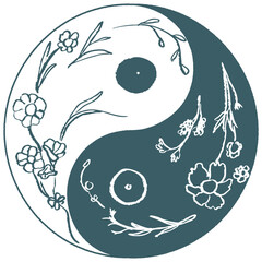 花をあしらった手描きの太極図