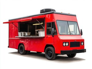 Obraz premium Bright Red Food Truck with Open Window, Offering Diverse Culinary Delights on Urban Street, Ideal for Outdoor Events and Festivals