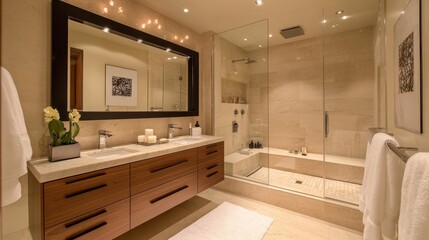 74.A contemporary bathroom with a wooden cabinet beneath a large rectangular mirror, a stylish black light fixture illuminating the space above, and a luxurious marble shower with glass panels