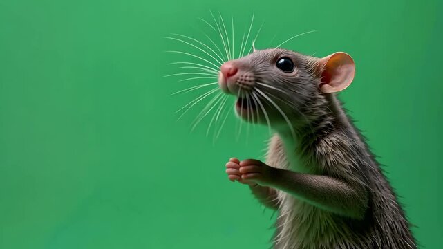 Brown rat standing on a vibrant green screen background, small rodent with pointed snout, round ears, long whiskers, and a thin, scaly tail, alert posture with tiny